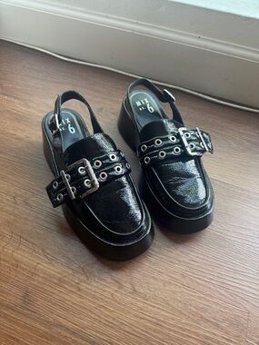 Mix No. 6 Black Patent Platform Slingback Clog Loafers